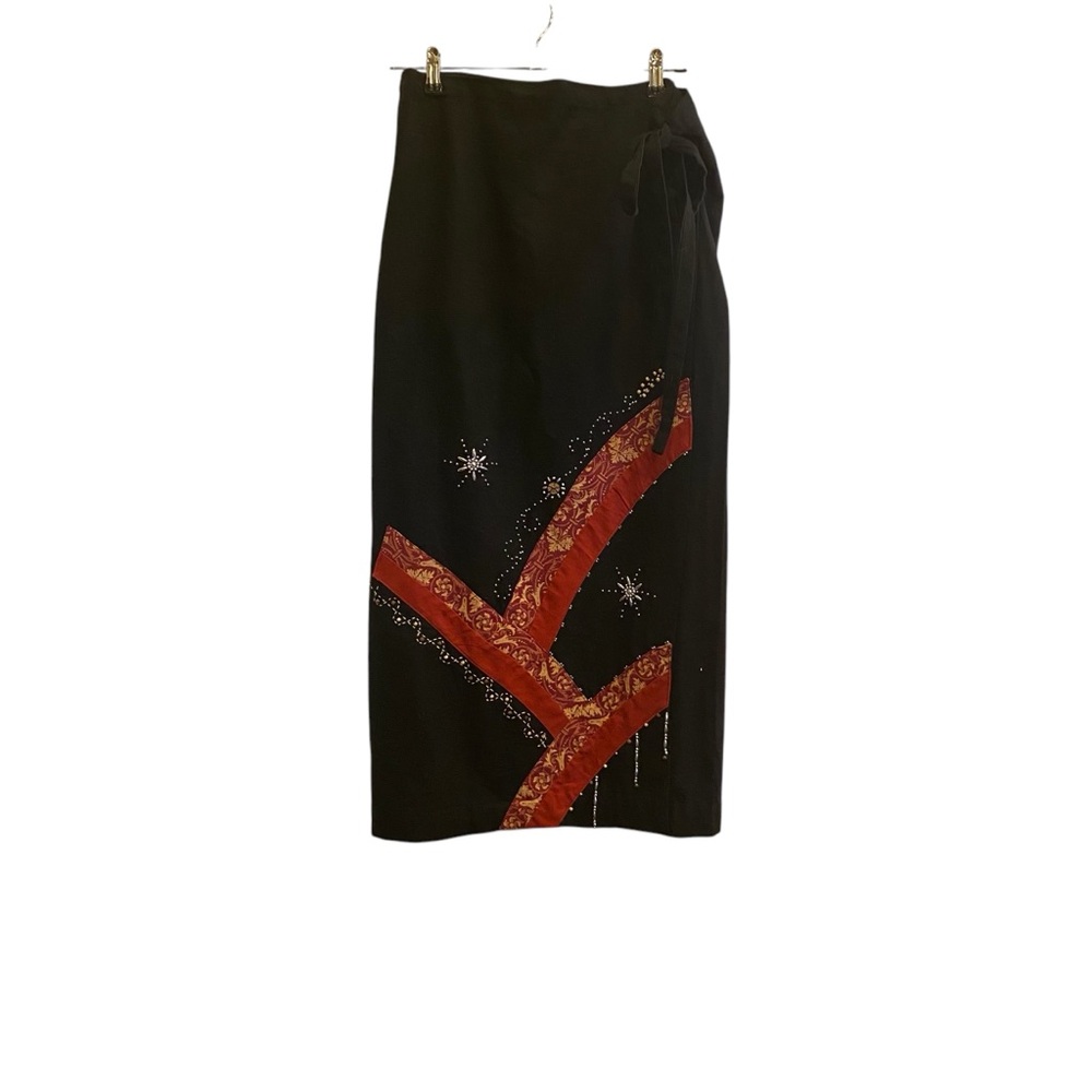 Women’s Black Linen Vintage True Wrap Boho Hippie Skirt w Embellishments Sz M